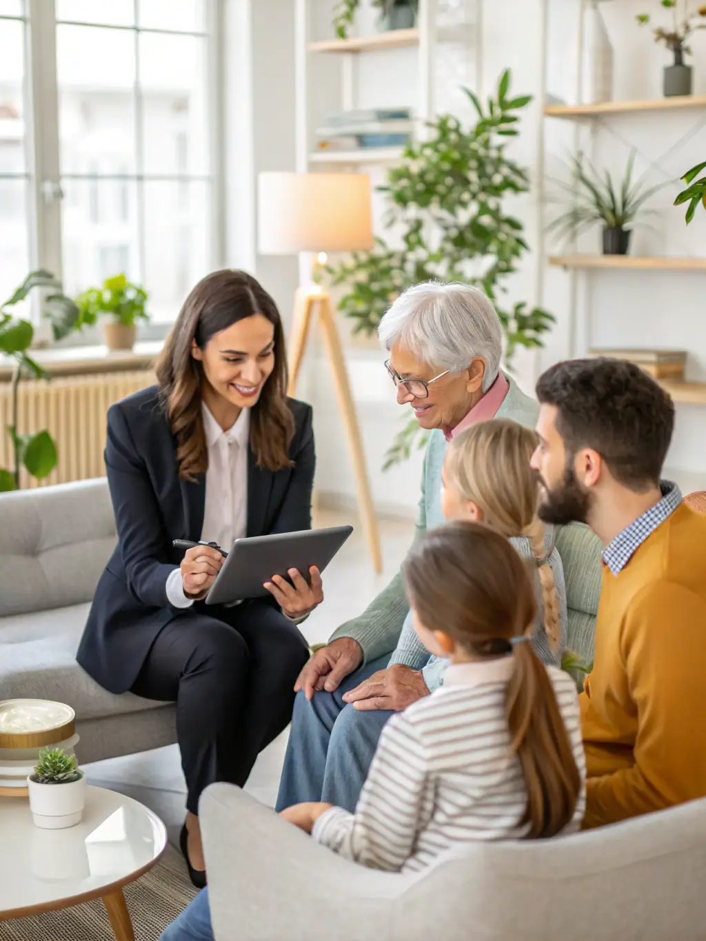 An image illustrating a family discussing estate planning with a financial advisor, emphasizing the importance of cross-border considerations.
